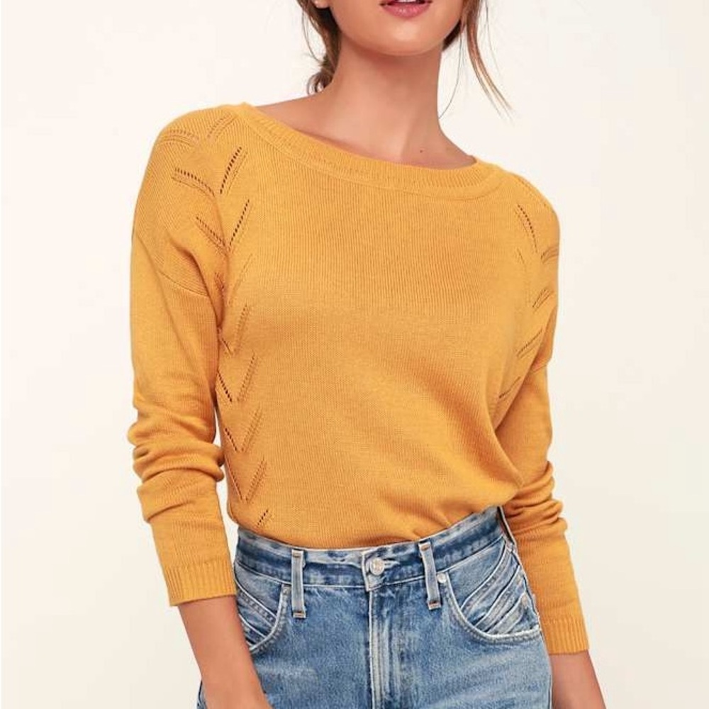 Lulus Pointelle Me More Mustard Yellow Knit Pullover Sweater Women’s Medium